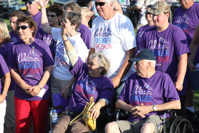 Carolyn Frey of Lonsdale, center in wheelchair, is a breast cancer survivor. Seated next to her is Harry Pass of Shakopee, a prostate cancer survivor.